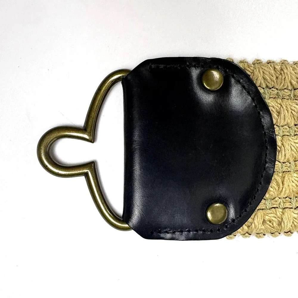 VTG 80s Wide Woven‎ Jute Waist Cinch Belt Womens Sz S/M Brown Genuine Leather